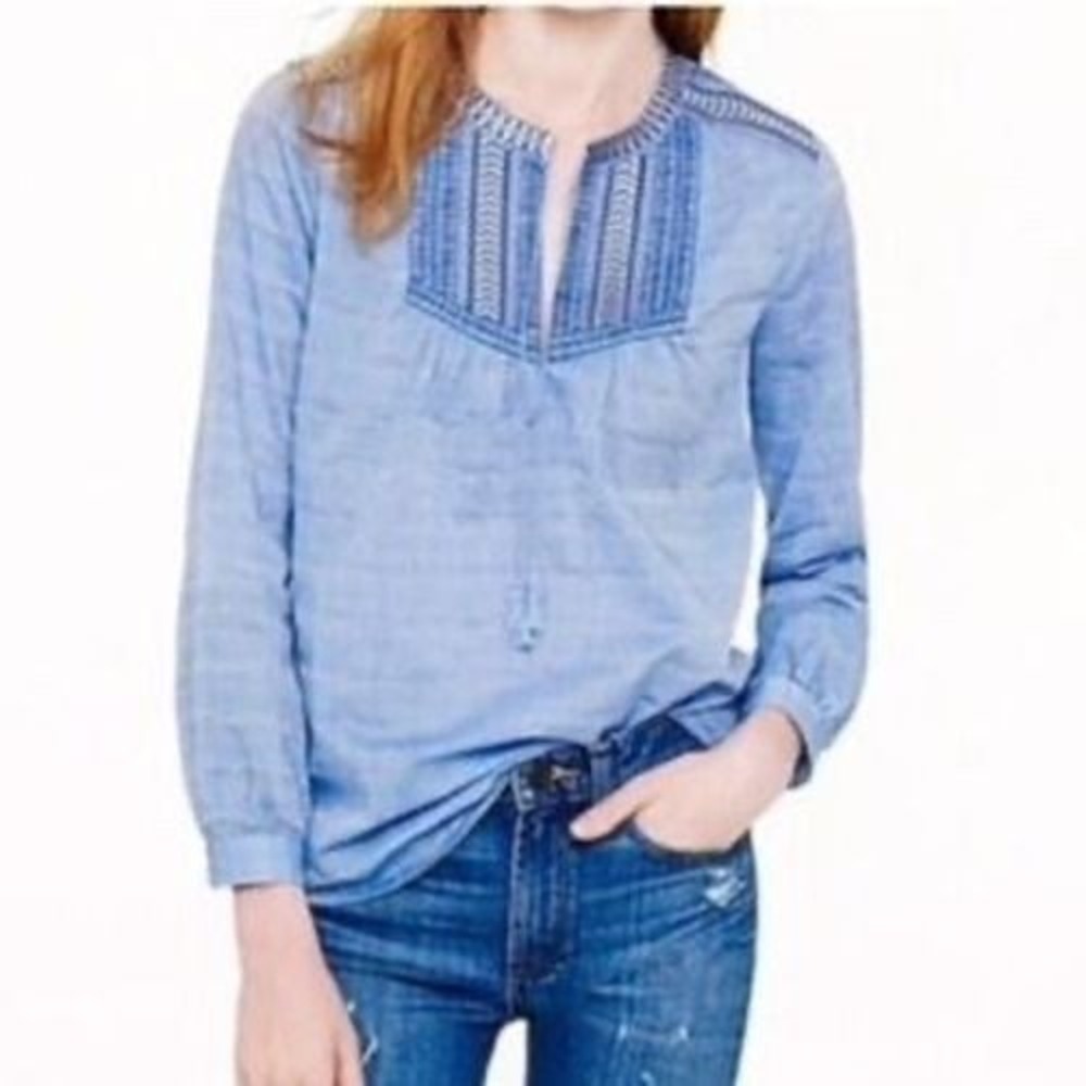 J.Crew Blue Embroidered Chambray Peasant Top Blouse Size 0
